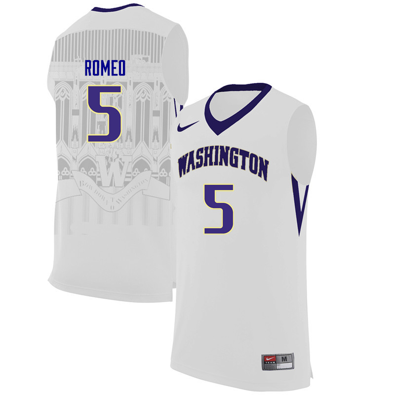 Men Washington Huskies #5 Natalie Romeo College Basketball Jerseys-White